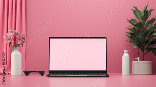 A Laptop Computer With A Blank Screen On Pink Desk.