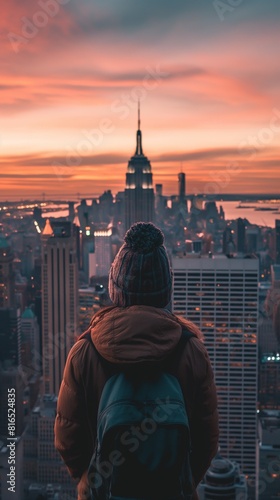 A woman Stands With A City Skyline At Sunset.