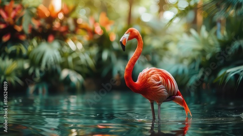 An inspiring shot showcasing a flamingo standing gracefully in the water  with the lush greenery and vibrant colors of nature creating a breathtaking background for a 4K wallpaper.