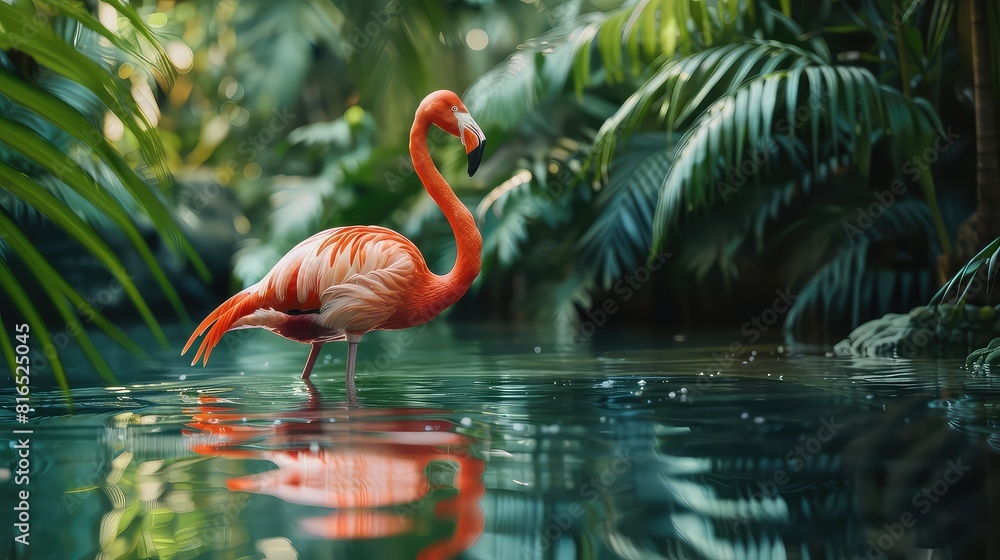 Fototapeta premium An atmospheric photo capturing the grace and beauty of a flamingo in its habitat, with the tranquil waters and vibrant vegetation serving as a stunning backdrop for a 4K wallpaper. 