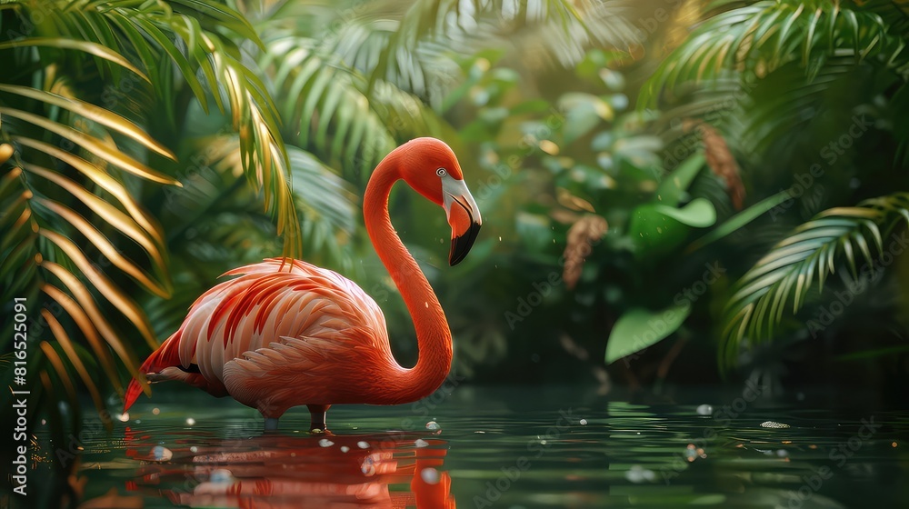 Fototapeta premium An atmospheric photo capturing the grace and beauty of a flamingo in its habitat, with the tranquil waters and vibrant vegetation serving as a stunning backdrop for a 4K wallpaper. 