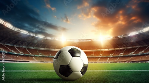 A worn soccer ball on the stadium grass with lights leaks