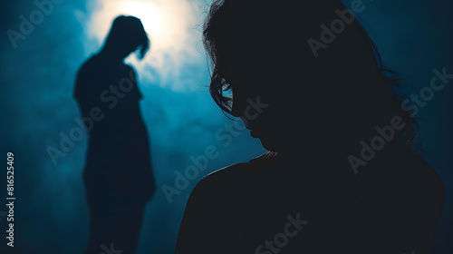 Silhouette of woman mistreated by man on dark background : Generative AI