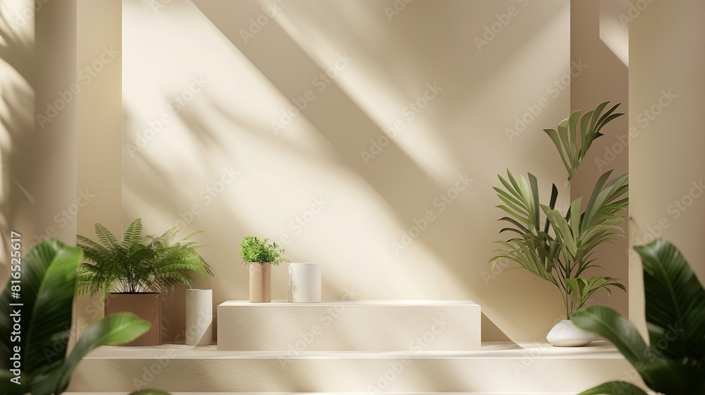 A Living Room With A Circle Podium And A Verdant Plant In Pot. A Living Room With A Circle Podium And A Verdant Plant In Pot.