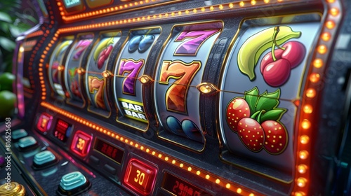 An animated cartoon design for a slot machine game screen featuring plums, bananas, cherries, blueberries, pears, lemons, and strawberries. photo