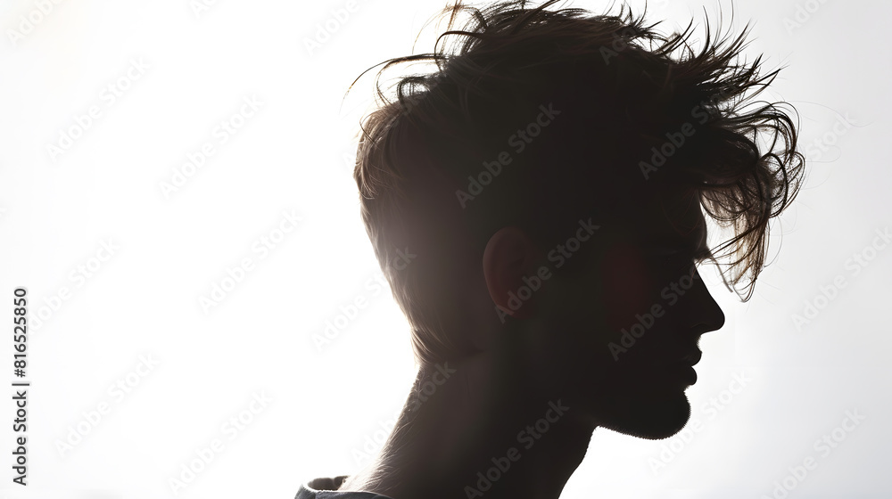 Young attractive European male model silhouette with modern hair style posing on white isolate background : Generative AI