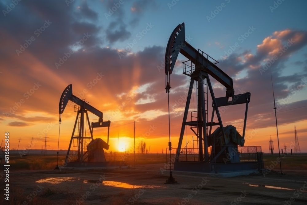 A Oil drilling machine in the desert, Industry, energy industry, gas station at sunset A Oil drilling machine in the desert, Industry, energy industry, gas station at sunset
