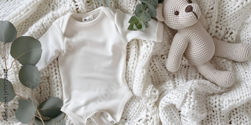 Crocheted bear and white baby bodysuit on a knit blanket. 