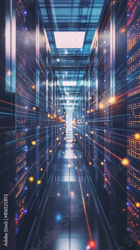 A Vertical Image Of A Data Center Room Is Filled With Rows Of Servers.