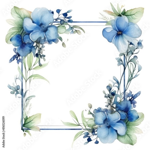 Watercolor floral frame with blue flowers and greenery on a white background. Thin picture frame decorated with blue flower. Elegant botany concept for wedding stationery and design template. AIG35.