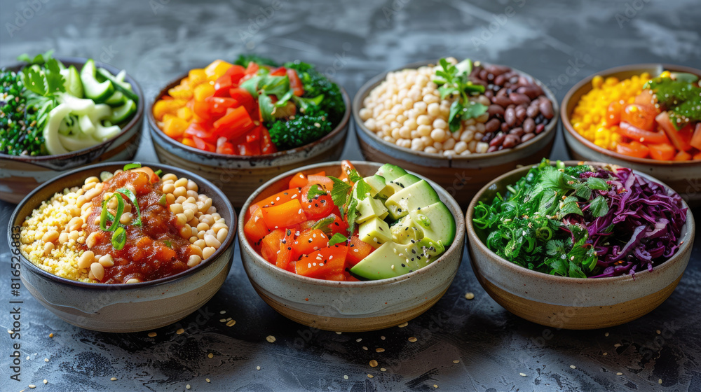 The bowls are filled with a variety of vegetables and salads, including fresh local produce. These natural foods are important ingredients in many recipes and cuisines, providing complete nutrition The bowls are filled with a variety of vegetables and salads, including fresh local produce. These natural foods are important ingredients in many recipes and cuisines, providing complete nutrition