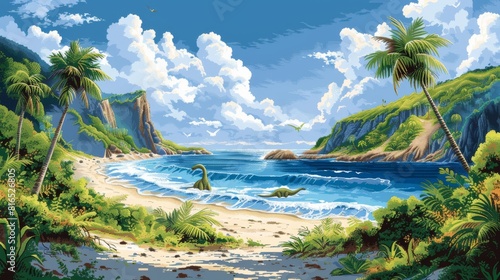 In this illustration  palm trees and brachiosaurus are shown on the shore of a tropical island with dinosaurs near the sea. A tropical ocean background scene shows palm trees and a tropical ocean in