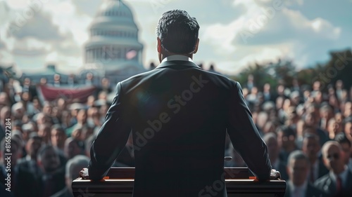 A man stands at a podium in front of a large crowd, giving a speech