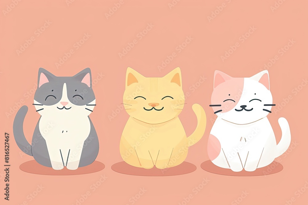 Fototapeta premium Three cats are sitting on a pink background, all of them smiling