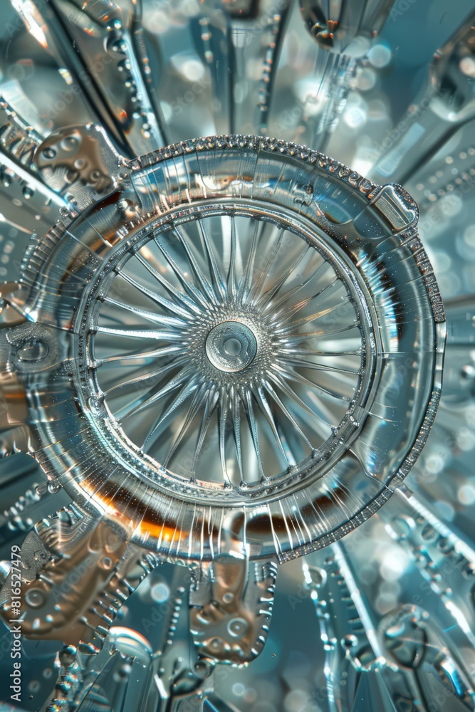 Obraz premium Close-up of a transparent mechanical structure resembling a wheel. AI.
