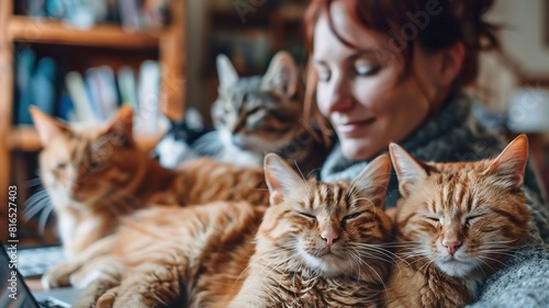A woman is sitting on a couch with her four orange cats