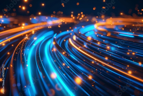 Futuristic data flowing through fiber optic cables, glowing blue and orange lines against a dark background,