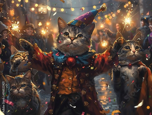 A painting of three cats dressed up as clowns and one of them holding a sparkler