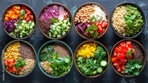 The bowls are filled with a variety of vegetables and salads, including fresh local produce. These natural foods are important ingredients in many recipes and cuisines, providing complete nutrition © AlexanderD