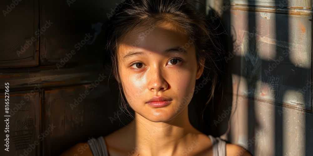 Portrait of a young woman with sunlight on her face. AI.