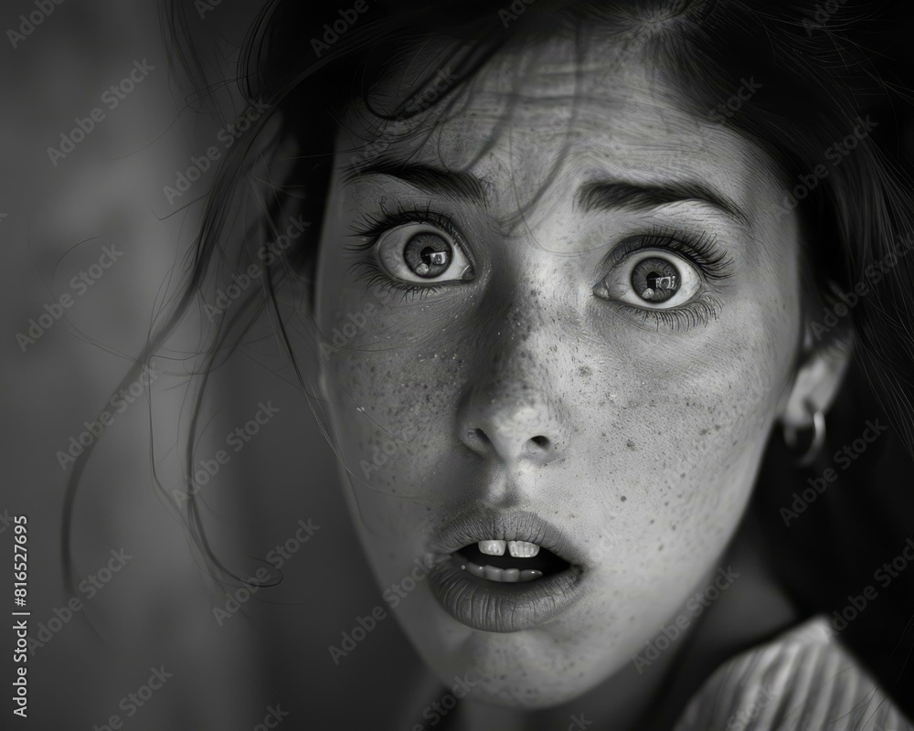 A grayscale portrait of a young girl with freckles on her face, looking at the camera with wide eyes and an open mouth. AI. A grayscale portrait of a young girl with freckles on her face, looking at the camera with wide eyes and an open mouth. AI.