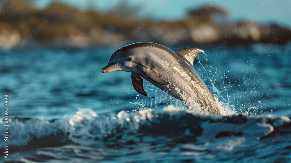Obraz premium A bottlenose dolphin jumps out of the water in a beautiful display of grace and agility. AI.