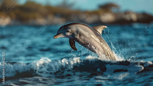 A bottlenose dolphin jumps out of the water in a beautiful display of grace and agility. AI. © serg3d