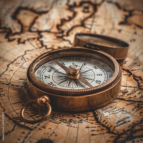 Antique brass compass on a vintage map for navigation and travel