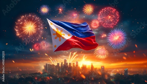 Philippines independence day background with a large waving flag over city skyline and fireworks in the sky. photo