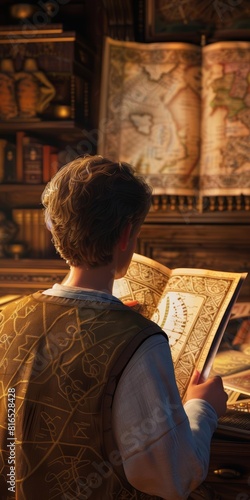 An over-the-shoulder view of someone studying ancient maps and texts, dimly lit, evoking a sense of mystery and discovery, suitable for a historical documentary backdrop photo