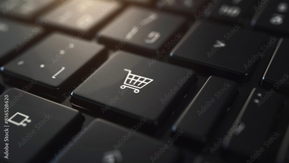 Close-up image of a keyboard with focus on the button displaying a shopping cart icon, symbolizing the convenience and accessibility of online shopping. Close-up image of a keyboard with focus on the button displaying a shopping cart icon, symbolizing the convenience and accessibility of online shopping.