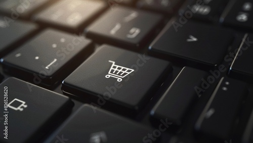 Close-up image of a keyboard with focus on the button displaying a shopping cart icon, symbolizing the convenience and accessibility of online shopping.