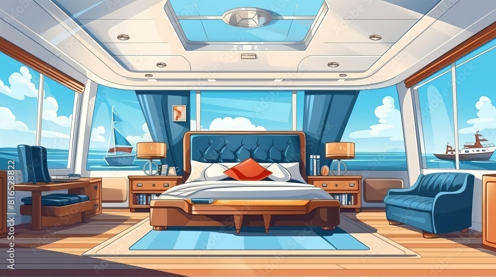 Fototapeta premium Luxury yacht cabin flat design front view nautical decor theme cartoon drawing vivid