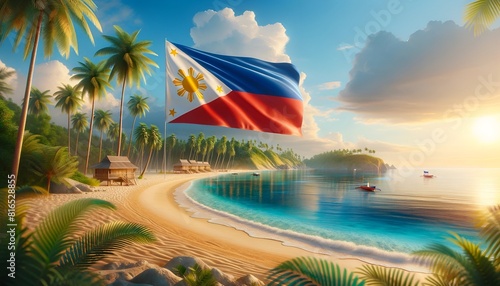 Wallpaper for the Philippines Independence Day with beautiful tropical beach landscape.