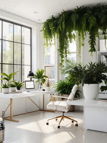 Modern white living room with plant