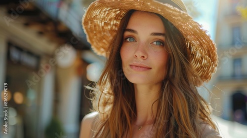 Young woman with a captivating smile wearing a straw hat in sunlight