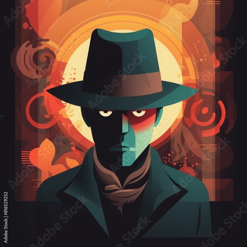 Mysterious stranger flat design top view enigmatic character theme animation Tetradic color scheme