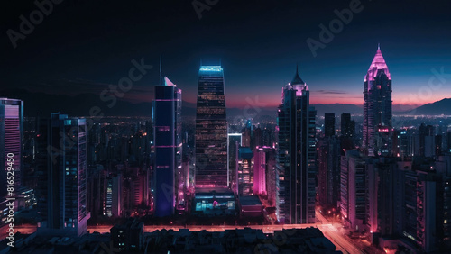 Futuristic city with skyscrapers and high-rise buildings  Spectacular nighttime in cyberpunk city of the futuristic fantasy world features skyscrapers and neon lights