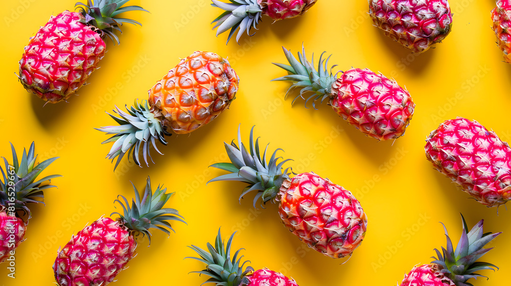 Pink pineapples on a yellow background, in the style of pop art, flat lay, top view, pattern, vibrant colors, summer holiday concept Pink pineapples on a yellow background, in the style of pop art, flat lay, top view, pattern, vibrant colors, summer holiday concept