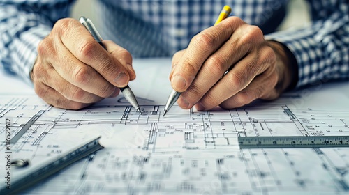 Architectural Designer's Blueprint: In an architectural office, a designer carefully drafts blueprints, meticulously planning every detail of a new building project 