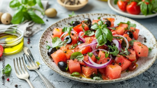 Fresh cucamelon salad with juicy watermelon and red onion