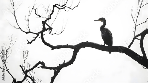 Silhouette of great cormorant bird standing on leafless tree branch and looking away against white background : Generative AI photo