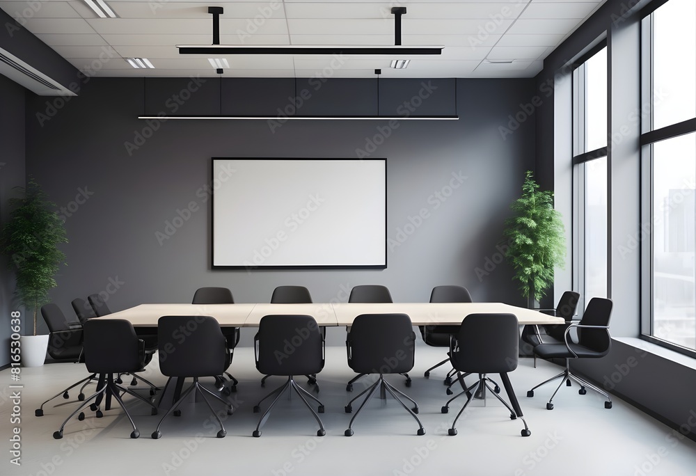 Office meeting room interior with chairs and table, open space, Mockup wall, and window. Office meeting room interior with chairs and table, open space, Mockup wall, and window.