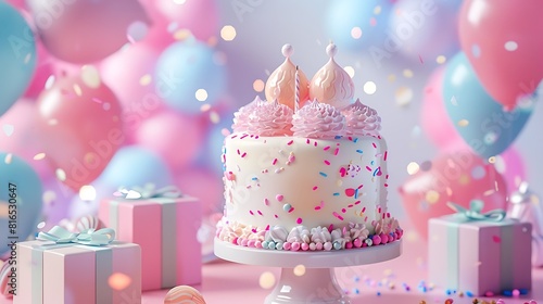An enchanting birthday party scene with a beautifully decorated cake  vibrant balloons  and gift boxes  all set in a soft pastel pink background