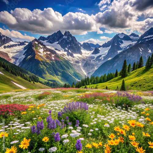 A panoramic view of an alpine valley carpeted with a profusion of blooming wildflowers  with distant snow-capped peaks framing the horizon in a breathtaking display of nature s grandeur.