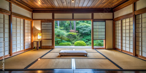 A peaceful tatami room with sliding doors, perfect for meditation or yoga on a rainy day