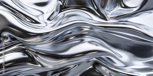 abstract background in the style of liquid metal, chrome texture with flowing waves, shiny and reflective silver surface.