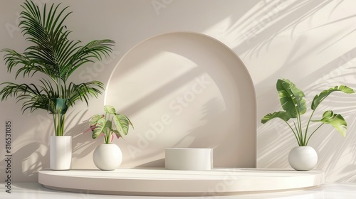 podium stand green natural backgrounds, netural for show ,Marble podium ,Product presentation, mock up, show cosmetic product, Abstract white platform showcase for product display with ivy 3d render
 photo