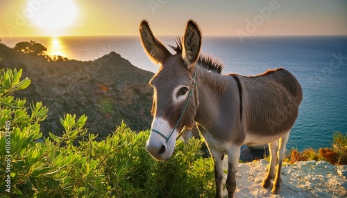 Picture of a funny donkey at sunset.