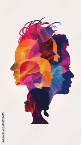 Woman face silhouette in profile with group of multicultural and multiethnic women faces inside.Concept of racial equality anti-racism and a woman who gives voice to other women. photo